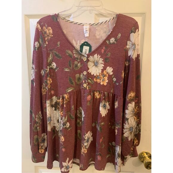 HONEY ME TOP BABY DOLL LONG SLEEVE BOHO MAUVE FLOWER PRINT V NECK SZ S NWT - Picture 1 of 10